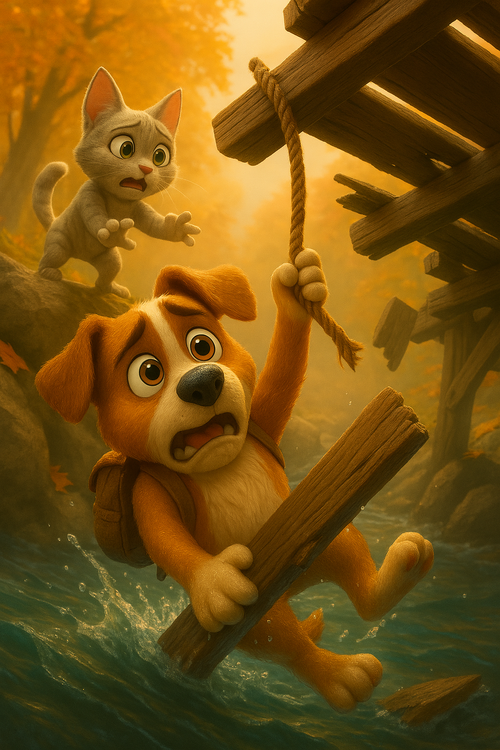 Cartoon dog and cat in a forest with dog hanging on from a rope above roaring rapids.