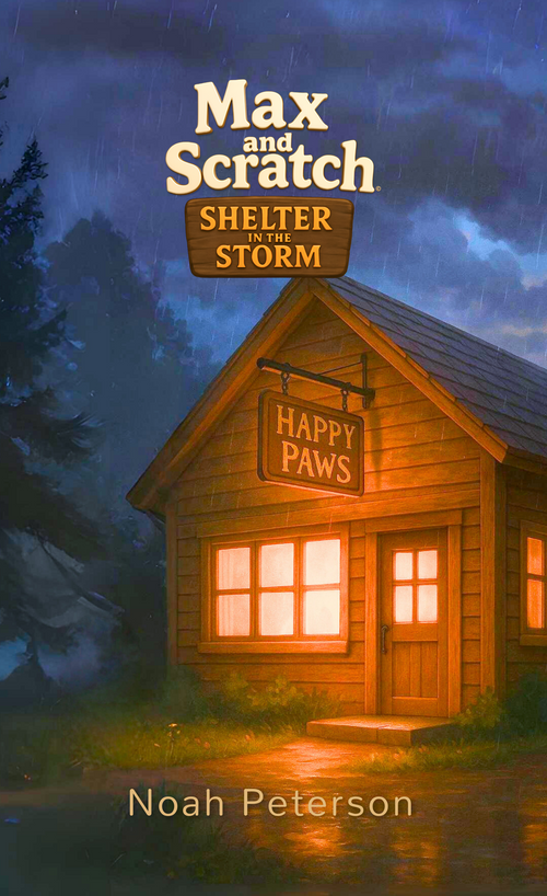 Book cover of 'Shelter in the Storm' by Noah Peterson with a wooden cabin and 'Happy Paws' sign.