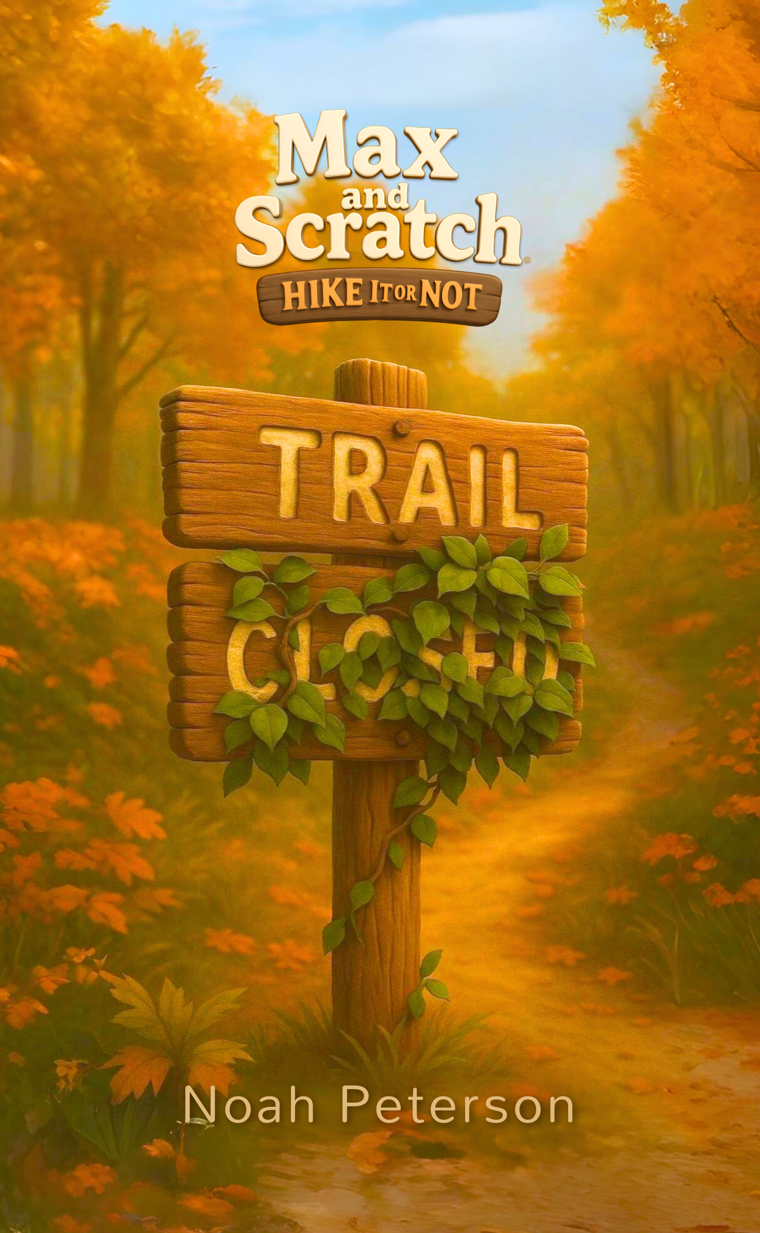 Wooden trail sign in a forest with 'Max and Scratch Hike It or Not' text, surrounded by autumn foliage.