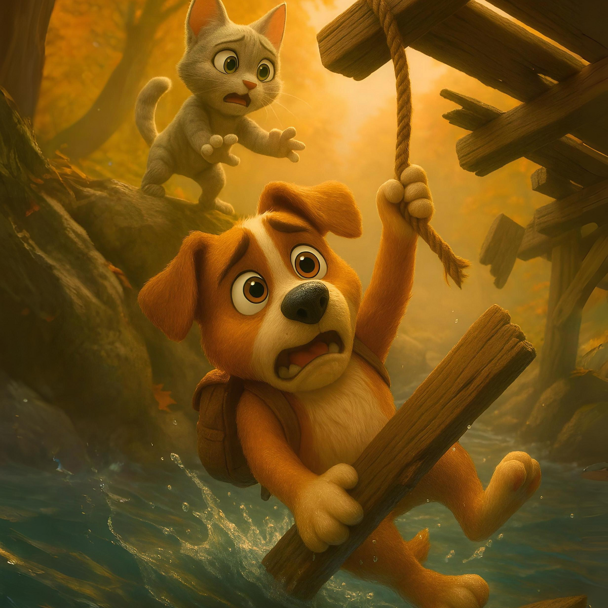 Animated dog and cat characters in a forest setting with a wooden bridge.