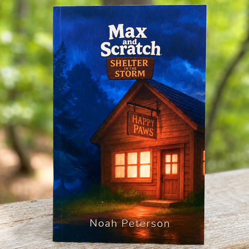 Book titled 'Max and Scratch Shelter Storm' by Noah Peterson with a cabin illustration on a blurred natural background.